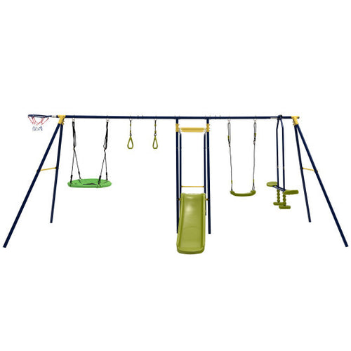 7-in-1 Stable A-shaped Outdoor Swing Set for Backyard - Color: Blue