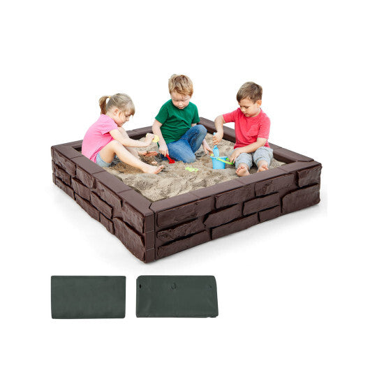 2-In-1 HDPE Kids Sandbox with Cover and Bottom Liner-Brown - Minihomy