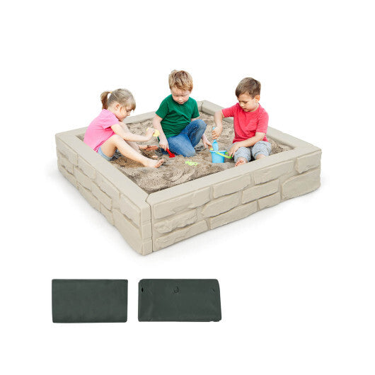 2-In-1 HDPE Kids Sandbox with Cover and Bottom Liner-Brown - Minihomy