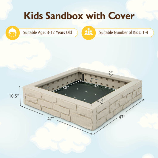 2-In-1 HDPE Kids Sandbox with Cover and Bottom Liner-Brown - Minihomy