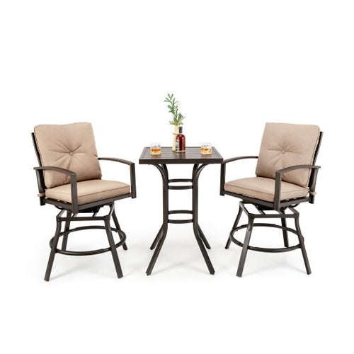 3 Pieces Patio Swivel Bar Table Set with Removable Cushions and Rustproof Metal Frame