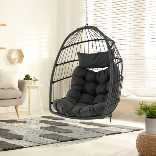 Hanging Egg Chair with Head Pillow and Large Seat Cushion-Gray - Color: Gray