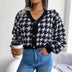 Houndstooth V-Neck Dropped Shoulder Cropped Cardigan - Minihomy