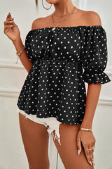 Polka Dot Short Flounce Sleeve Blouse