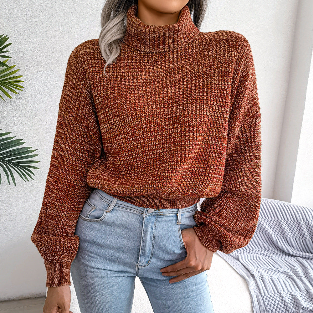 Heathered Turtleneck Lantern Sleeve Cropped Sweater