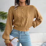 Mixed Knit Lantern Sleeve Round Neck Sweater