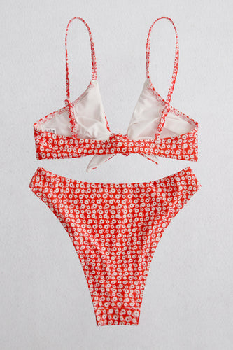 Printed Tie Front Spaghetti Strap Bikini Set
