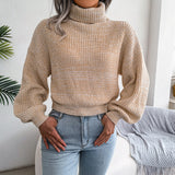 Heathered Turtleneck Lantern Sleeve Cropped Sweater