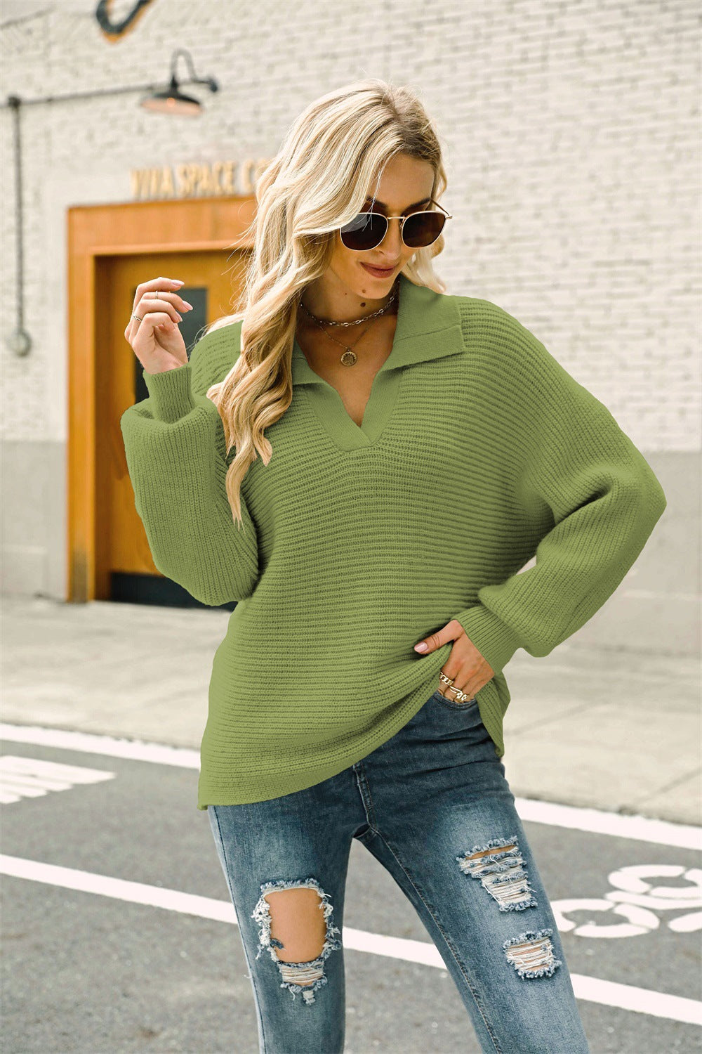 Horizontal Ribbing Johnny Collar Sweater - Minihomy