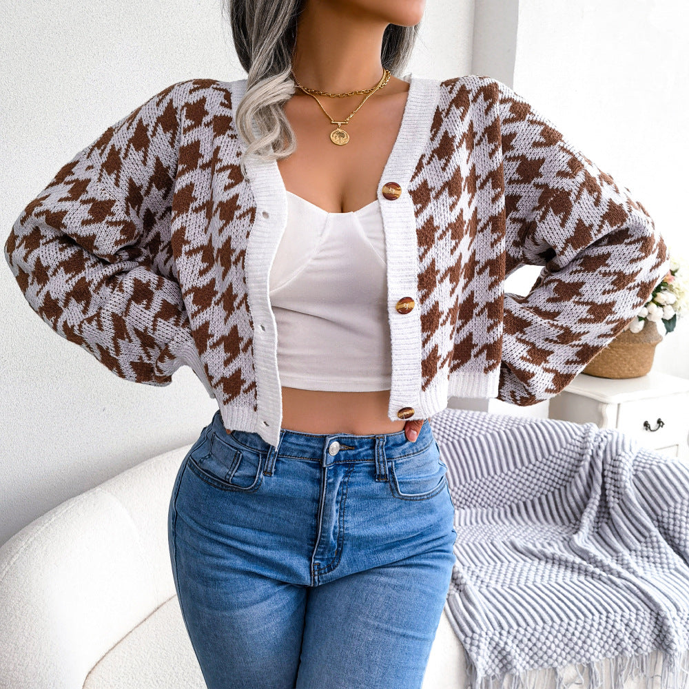 Houndstooth V-Neck Dropped Shoulder Cropped Cardigan - Minihomy