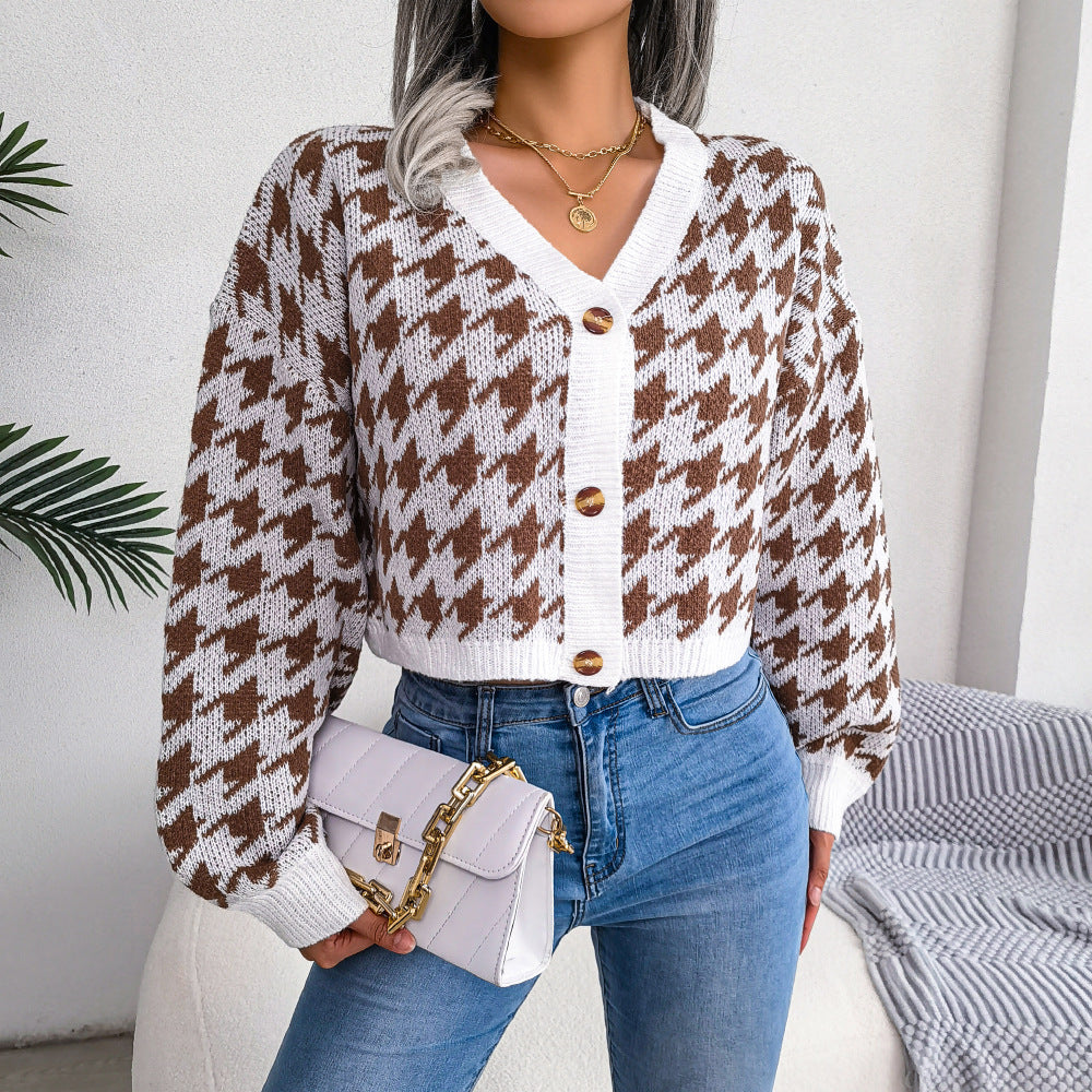 Houndstooth V-Neck Dropped Shoulder Cropped Cardigan - Minihomy