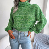 Heathered Turtleneck Lantern Sleeve Cropped Sweater