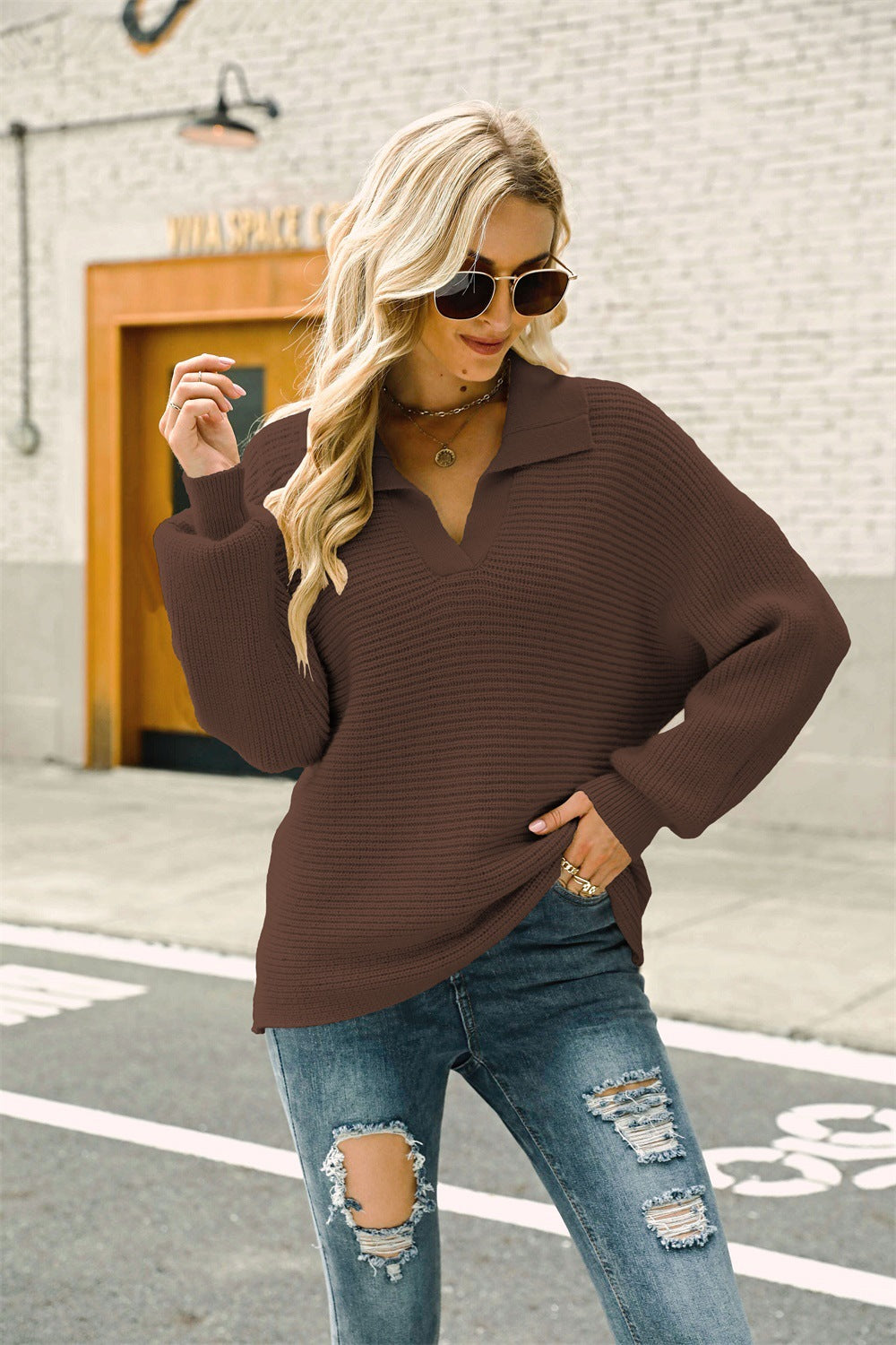 Horizontal Ribbing Johnny Collar Sweater - Minihomy