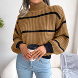 Striped High Neck Rib-Knit Lantern Sleeve Sweater