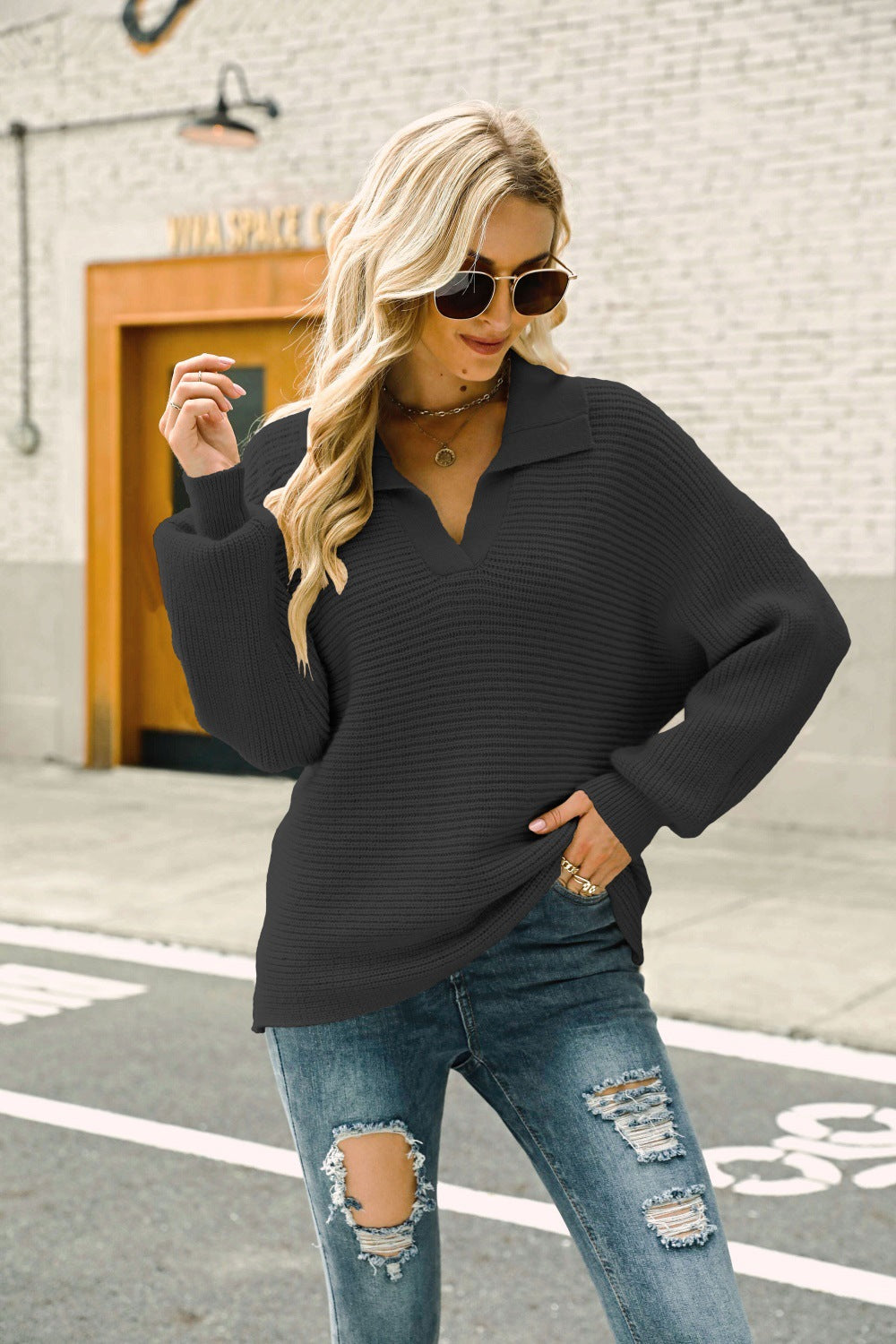 Horizontal Ribbing Johnny Collar Sweater - Minihomy