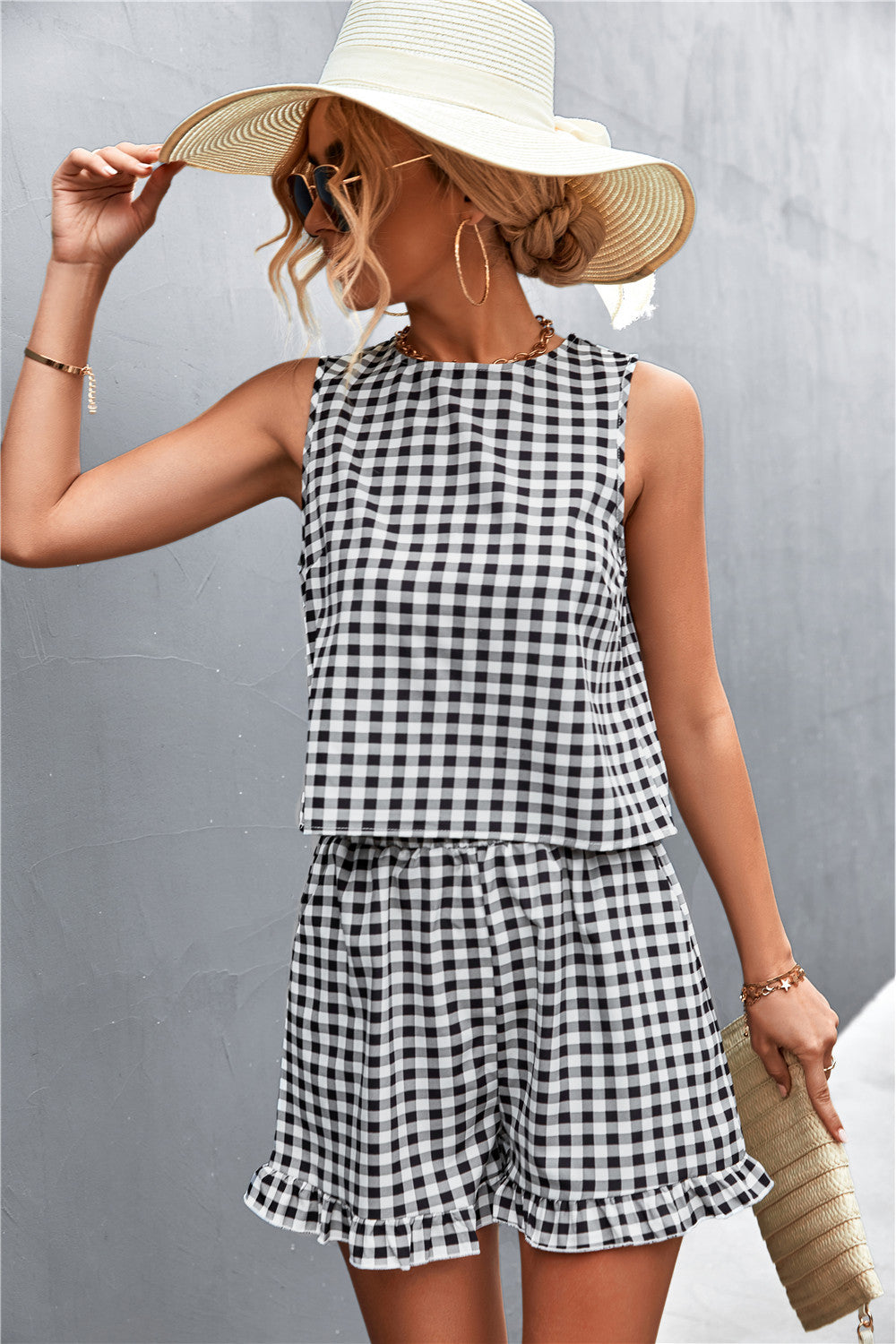 Gingham Sleeveless Top and Ruffle Hem Shorts Set - Minihomy