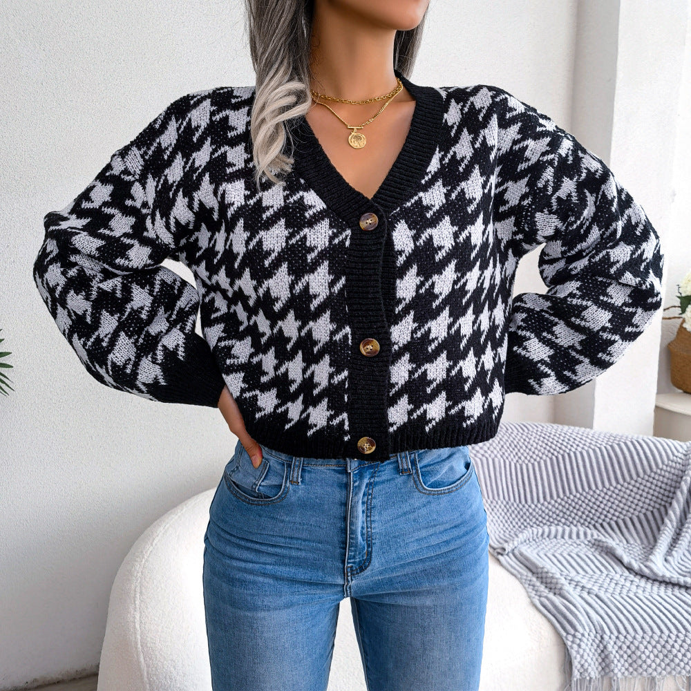 Houndstooth V-Neck Dropped Shoulder Cropped Cardigan - Minihomy