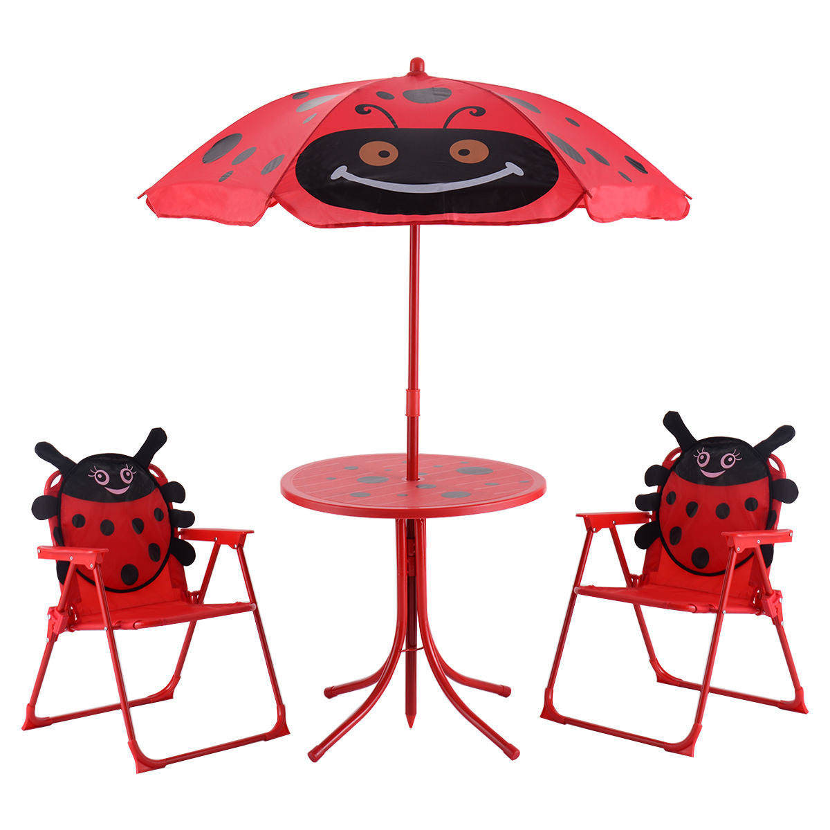 Kids Patio Folding Table and Chairs Set Beetle with Umbrella - Color: Red