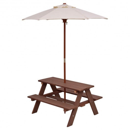 Outdoor 4-Seat Kid's Picnic Table Bench with Umbrella - Color: Brown