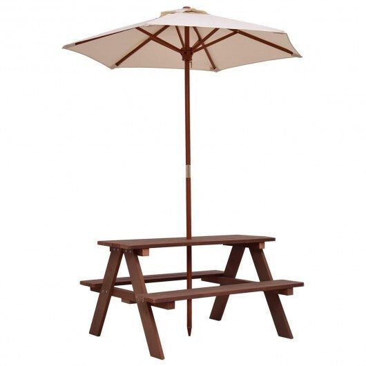 Outdoor 4-Seat Kid's Picnic Table Bench with Umbrella - Color: Brown