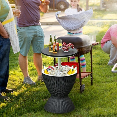 3 in 1 8 Gallon Patio Rattan Cooler Bar Table with Adjust Ice Bucket-Black