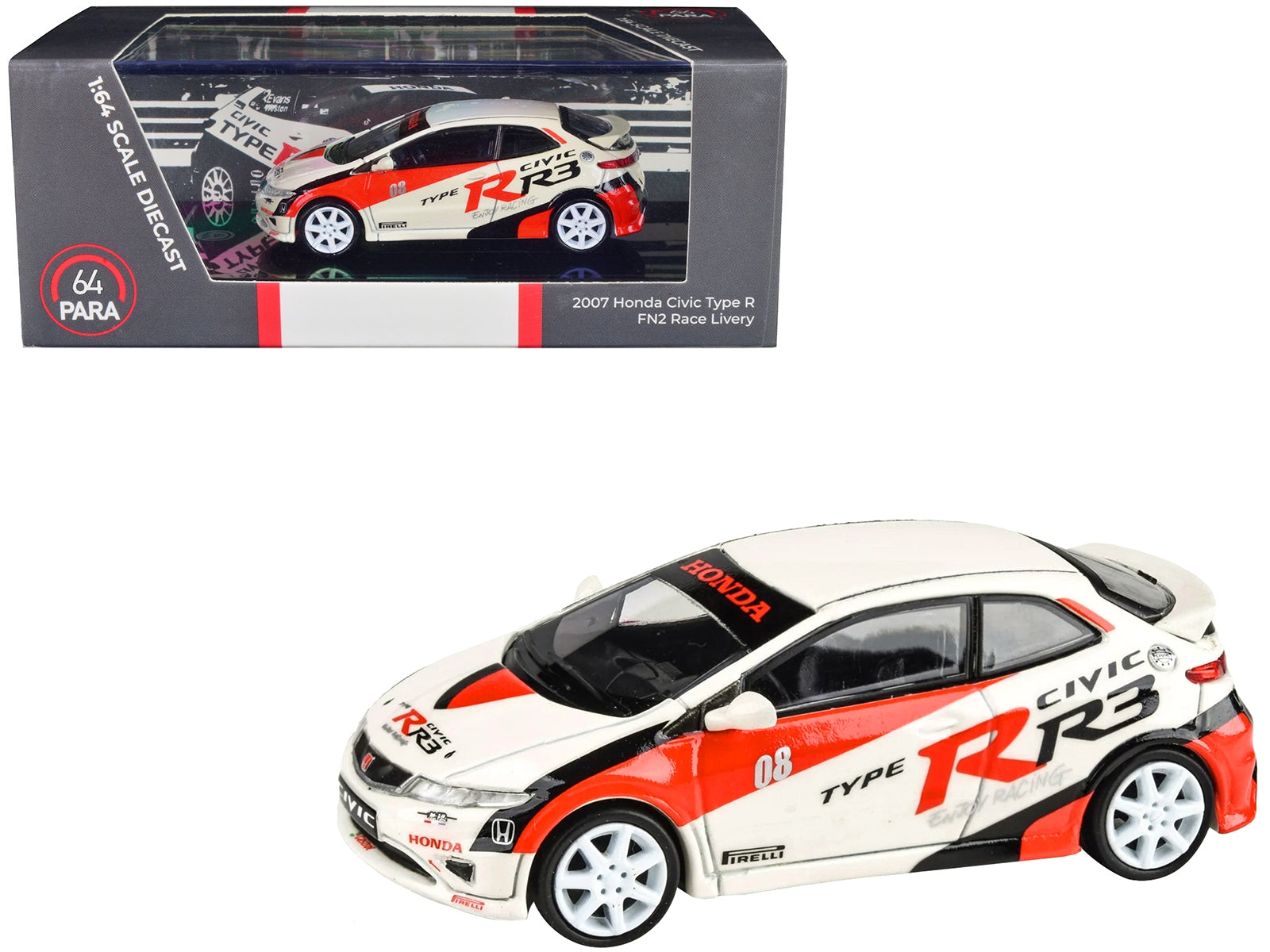 2007 Honda Civic Type R FN2 White "Race Livery" 1/64 Diecast Model Car by Paragon Models - Minihomy