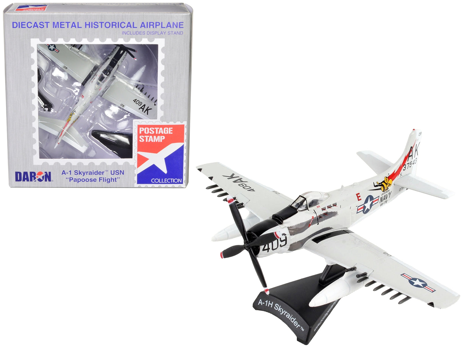 Douglas A-1 Skyraider Aircraft "Papoose Flight" United States Navy 1/110 Diecast Model Airplane by Postage Stamp - Minihomy