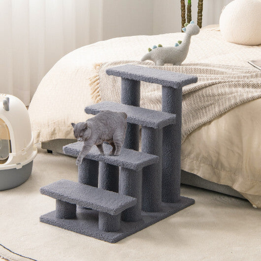 24 Inch 4-Step Pet Stairs Carpeted Ladder Ramp Scratching Post Cat Tree Climber-Gray - Color: Gray - Minihomy