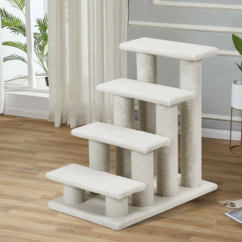 4-Step Pet Stairs Carpeted Ladder Ramp Scratching Post Cat Tree Climber - Color: Beige