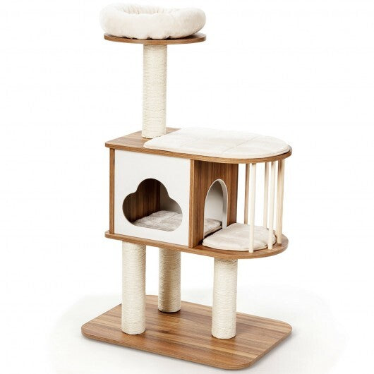 46 Inch Wooden Cat Activity Tree with Platform and Cushionsfor for Cats and Kittens