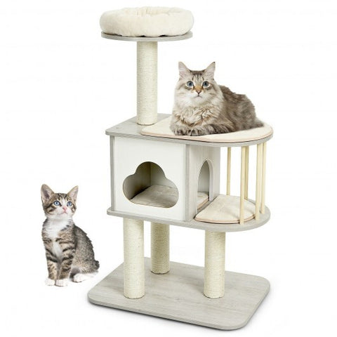 46 Inch Wooden Cat Activity Tree with Platform and Cushionsfor for Cats and Kittens