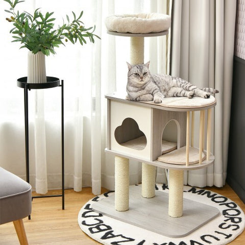 46 Inch Wooden Cat Activity Tree with Platform and Cushionsfor for Cats and Kittens