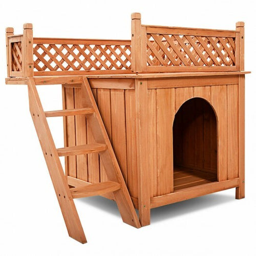 Wooden Dog House with Stairs and Raised Balcony for Puppy and Cat - Color: Brown