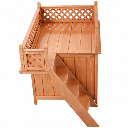 Wooden Dog House with Stairs and Raised Balcony for Puppy and Cat - Color: Brown