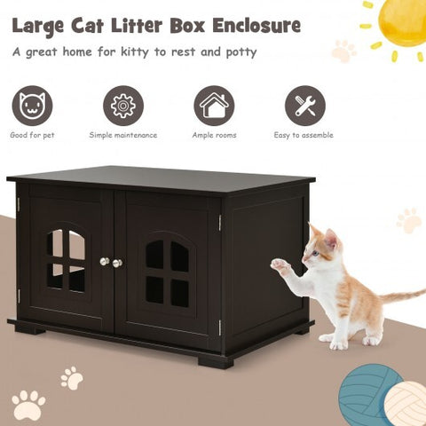 Large Wooden Cat Litter Box Enclosure Hidden Cat Washroom with Divider - Color: Brown