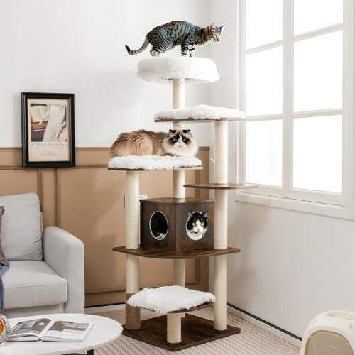 7-Layer Wooden Cat Tree Tall Cat Tower with Sisal Posts and Condo-Brown - Color: Brown
