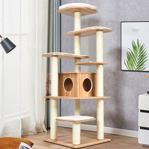 7-Layer Wooden Cat Tree Tall Cat Tower with Sisal Posts and Condo-Natural - Color: Natural