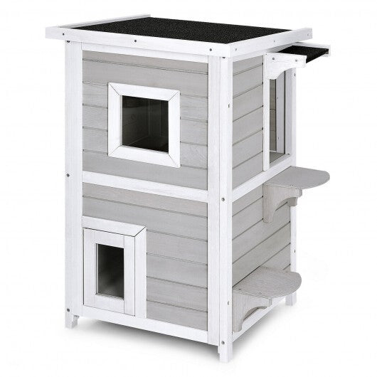 2-Story Wooden Cat House with Escape Door Rainproof - Color: Gray & White