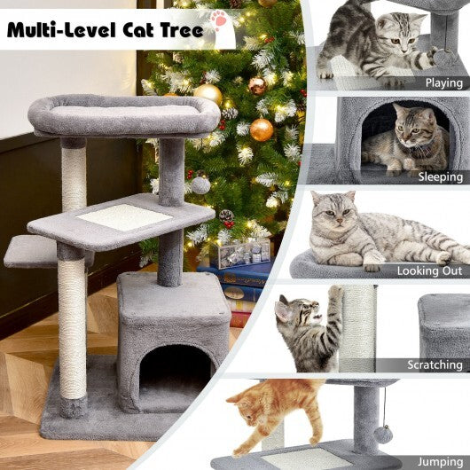 Cat Tree with Perch and Hanging Ball for Indoor Activity Play and Rest-Gray - Color: Gray - Minihomy