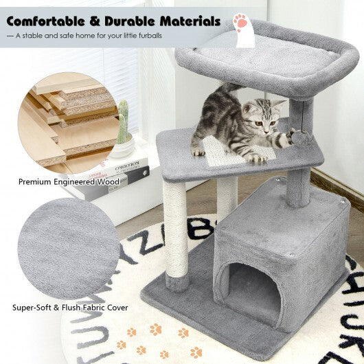 Cat Tree with Perch and Hanging Ball for Indoor Activity Play and Rest-Gray - Color: Gray - Minihomy