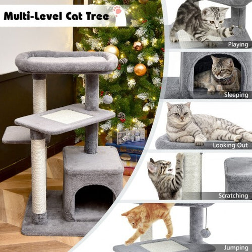 Cat Tree with Perch and Hanging Ball for Indoor Activity Play and Rest-Gray
