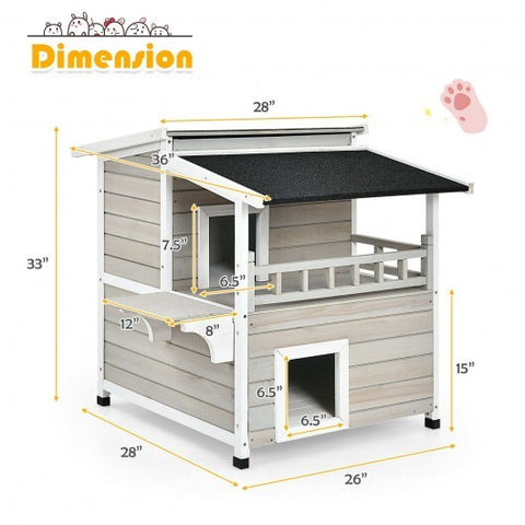 2-Story Wooden Patio Luxurious Cat Shelter House Condo with Large Balcony - Color: Gray