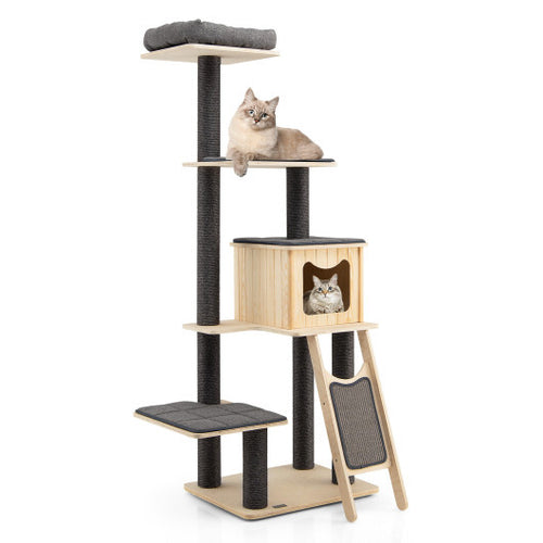 5-Tier Modern Wood Cat Tower with Washable Cushions-Gray - Color: Gray