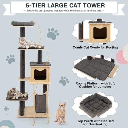 5-Tier Modern Wood Cat Tower with Washable Cushions-Gray - Color: Gray