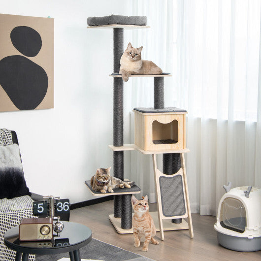 5-Tier Modern Wood Cat Tower with Washable Cushions-Gray