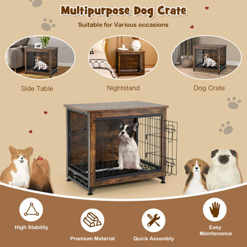 Wooden Dog Crate Furniture with Tray and Double Door-Brown - Color: Brown