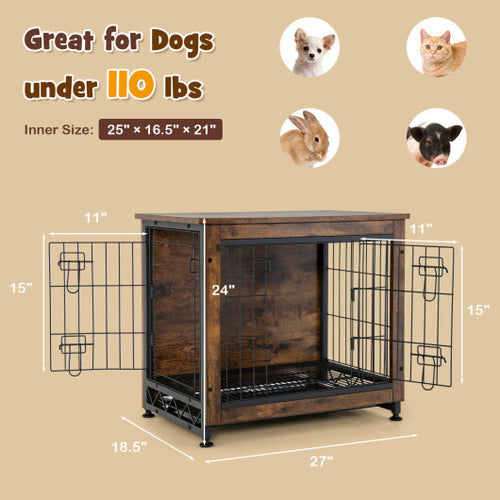 Wooden Dog Crate Furniture with Tray and Double Door-Brown