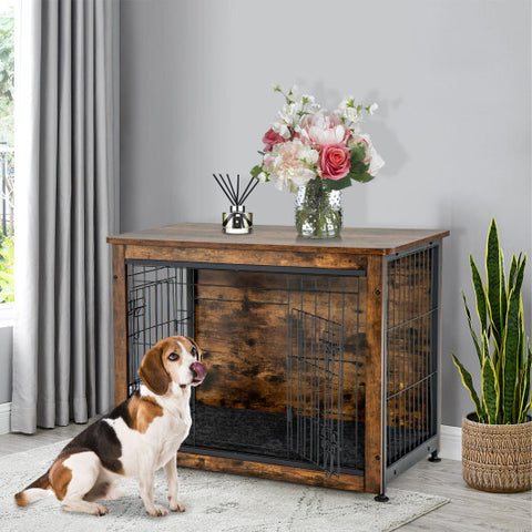 Wooden Dog Crate Furniture with Tray and Double Door-Brown - Color: Brown