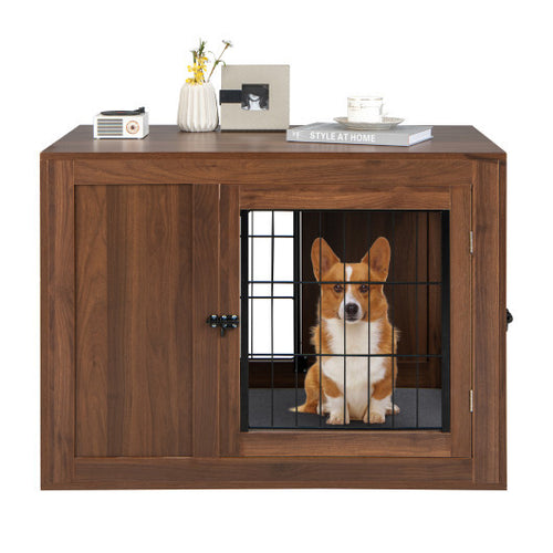 Furniture Dog Crate with Cushion and Double Doors-Walnut - Color: Walnut
