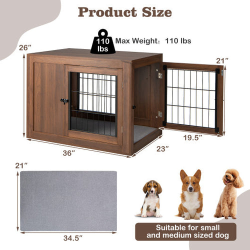 Furniture Dog Crate with Cushion and Double Doors-Walnut - Color: Walnut